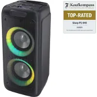 Sharp PS-949 Bluetooth Party-Lautsprecher, 200 Watt, 13 Stunden Spielzeit, Super Bass, LED-Lichteffekte, Mikrofon, schwarz