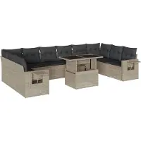 vidaXL 11-tlg. Garten-Sofagarnitur mit Kissen Hellgrau Poly Rattan