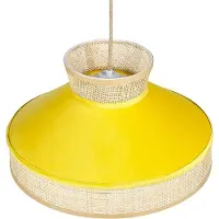 Beliani Hängelampe Gelb und Naturfarben Rattan mit Samt 1-Flammig Kegelform Modern Boho Wohnzimmer Esszimmer Beleuchtung Ausstattung Pendelleuchte