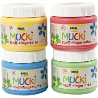 Creativ Company 28400 - Mucki Stoff-Fingerfarbe, 4 x 150 ml Gelb, Rot, Grün, Blau, leuchtkräftige Farben auf Wasserbasis für Kinder ab 2 Jahren