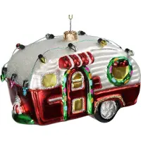 HD Collection Christbaumschmuck Glas 11,2cm Wohnwagen Figur Handbemalt & mit Glitzer Weihnachtsbaum Anhänger Weihnachten Weihnachtsbaumschmuck Caravan Rot Weiß