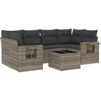 vidaXL 7-tlg. Garten-Sofagarnitur mit Kissen Hellgrau Poly Rattan