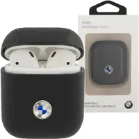 CG Mobile Bmw Bma2Sslbk Airpods Abdeckung Czarny/Schwarz Geniune Leder Silber Logo
