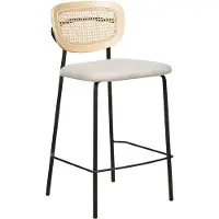Beliani Set aus 2 Barstühlen Hellbeige Polyesterpolsterung Naturrattan Wiener Geflecht Rückenlehne Schwarz Metallbeine Armlose Hocker