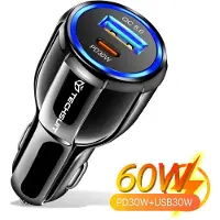 Techsuit - Car Charger Premium (TE-022) - USB-A QC5.0 30W, USB-C PD30W, Total 60W, LED Light - Black