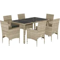 vidaXL 7-tlg. Garten-Essgruppe mit Kissen Hellgrau Poly Rattan & Glas