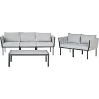 Beliani Lounge Set Schwarz Stahl 4-Teilig 5-Sitzer mit Kissen Hellgrau Modern Terrasse Outdoor Garten Set 3-Sitzer Sofa 2 Sessel u. Couchtisch