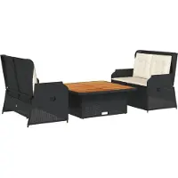 vidaXL 3-tlg. Garten-Lounge-Set mit Kissen Schwarz Poly Rattan