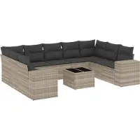 vidaXL 10-tlg. Garten-Sofagarnitur mit Kissen Hellgrau Poly Rattan