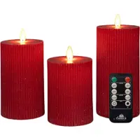 Annas collection Stumpfkerze gerippt Wachs führte bewegliche Flamme mit Fernbedienung 3er Set d7.5h10/12.5/15 cm rot (rood)