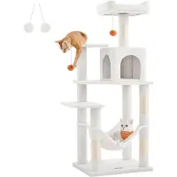 Acaza Kratzbaum für mehrere Katzen – Katzen-Residenz mit Hängematte – Katzenbaum – 143 cm – Weiß