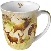 Ambiente Tasse 10cm Porzellan mit Hirsch & Reh Waldtiere Motiv - 0,4L Keramiktasse Porzellangeschirr Kaffeetasse Teetasse Kakaotasse Jagdmotiv Tiere Braun