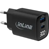 InLine USB PD Netzteil, GaN Ladegerät, 2-Port, USB-C + USB-A, 30W, mit Display, Drinnen, AC, 12 V, Schwarz