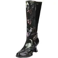 LAURA VITA Damen Stiefel Leder Langschaft Blumen Zierriemen Absatz Oliveo 02, Größe:37 EU, Farbe:Schwarz