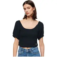 Superdry für Damen. W6011857A Gestricktes T-Shirt mit Rüschen in Navy (S), Lässig, Viskose, Kurzarm, Marine