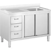 Royal Catering Catering Pool Waschbecken Einzelbecken mit Schrank mit Schiebetüren Schubladen Stahl 120 x 60 x 94 cm