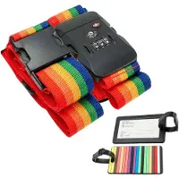 Intirilife Koffergut Gepäckgurt mit Zahlenschloss und Namensschild in Regenbogenfarben - 200 - 100 x 5 cm / 145 - 171 x 5 cm - Gepäckband mit Kofferanhänger und TSA-Zahlenschloss