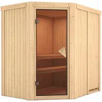 Karibu Sauna Innensauna Saja Eckeinstieg ohne Zubehör 196x151x198 cm ohne Dachkranz mit Bronzierter Tür