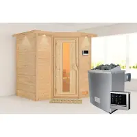 Karibu Sauna Innensauna Sahib 2 Eckeinstieg Ofen 9 kWexterne Strg easy 236x184x208 cm ohne Dachkranz mit Energiespartür