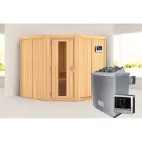 Karibu Sauna Innensauna Jarin Eckeinstieg Ofen 9 kW externe Strg easy 196x196x198 cm ohne Dachkranz mit Energiespartür