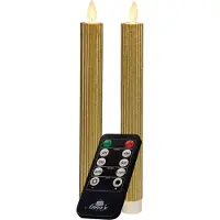 Annas collection Dinner Kerze gerippt Wachs führte bewegliche Flamme auf Batterie mit Fernbedienung 2 Stück h23 cm gold (geel)