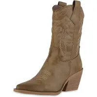 Van Hill Damen Cowboystiefel Stiefel Spitz Zierperlen Schuh 841116, Farbe: Khaki, Größe: 36