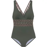 LASCANA Badeanzug "Adelin", Damen, Gr. 38, Cup C, grün (oliv, leo), Recycling-Polyamid, unifarben, Badeanzüge Badeanzug, mit Shaping-Effekt und trendigen Kreuzträgern