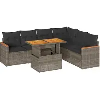vidaXL 7-tlg. Garten-Sofagarnitur mit Kissen Grau Poly Rattan Akazie