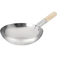 Vogue Wok-Bratpfanne mit flachem Boden aus Stahl, 240 mm, hitzebeständiger Holzgriff, rustikales Design, für den Einsatz in Restaurants und in der privaten Küche, K295