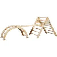 Buxibo XXL Klettergerüst - Klappbares Dreieck + Kletterbogen + Rutsche - Montessori Holzspielplatz - Natur - 210x83x81cm