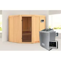 Karibu Sauna Innensauna Jarin Eckeinstieg Ofen 9 kWexterne Strg easy 196x196x198 cm ohne Dachkranz mit Graphittür