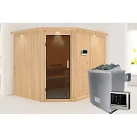 Karibu Sauna Innensauna Malin Eckeinstieg Ofen 9 KW externe Strg easy 245x210x202 cm mit Dachkranz mit Graphittür
