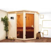 Karibu Sauna Innensauna Fiona 2 Eckeinstieg Ofen 9 kW externe Strg easy 210x184x202 cm mit Dachkranz