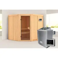 Karibu Sauna Innensauna Jarin Eckeinstieg Ofen 9 KW externe Strg easy 196x196x198 cm ohne Dachkranz mit Bronzierte Tür