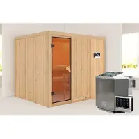 Karibu Sauna Innensauna Gobin Fronteinstieg Ofen 9 kWexterne Strg easy 231x196x198 cm ohne Dachkranz mit Bronzierte Tür