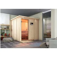 Karibu Sauna Innensauna Rodin Fronteinstieg Ofen 9 KW externe Strg easy 210x210x202 cm mit Dachkranz mit Bronzierte Tür