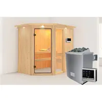 Karibu Sauna Innensauna Fiona 1 Eckeinstieg Ofen 9 KW externe Strg easy 210x165x202 cm mit Dachkranz