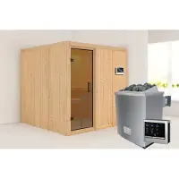 Karibu Sauna Innensauna Rodin Fronteinstieg Ofen 9 KW externe Strg easy 196x196x198 cm ohne Dachkranz mit Graphittür