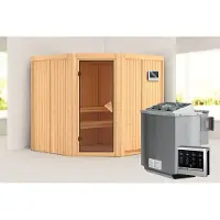 Karibu Sauna Innensauna Jarin Eckeinstieg Ofen 9 kWexterne Strg easy 196x196x198 cm ohne Dachkranz mit Bronzierte Tür