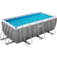Bestway Power Steel Frame Pool-Set mit Filterpumpe 412 x 201 x 122 cm, Rattan-Optik (Schiefergrau), eckig