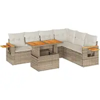 vidaXL 7-tlg. Garten-Sofagarnitur mit Kissen Beige Poly Rattan Akazie