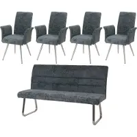 Mendler Esszimmer-Set MCW-G55, 4er-Set Stuhl mit Armlehne+Sitzbank 180cm, Edelstahl gebürstet Stoff/Textil Chenille blau-grün