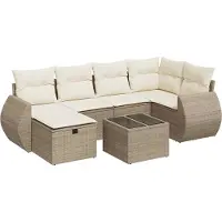 vidaXL 7-tlg. Garten-Sofagarnitur mit Kissen Beige Poly Rattan