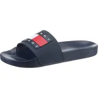 Tommy Hilfiger Badepantolette TOMMY JEANS "TOMMY JEANS POOL SLIDE ESS", Herren, Gr. 41, Synthetik, blau (dunkelblau), Schuhe Badepantolette, Sommerschuh, Poolslides, Schlappen, mit plakativer Logoflag