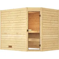 Weka Sauna "Massivholzsauna VALIDA Eck 3", beige (natur), Saunaofen, externe Steuerung, 9 kW, Saunen, Sauna, Blockbohlen, moderne Ganzglastür