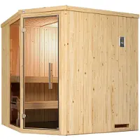 Weka Sauna "Element-Ecksauna VARBERG 2", beige (natur), Saunaofen, integrierte Steuerung, 5,4 kW, Saunen, Sauna, vorgefertigte Elemente, Fensterelement, moderne Ganzglastür