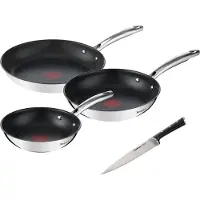 Tefal Pfannen-Set "Duetto+ Ice Force" Edelstahl 18/10 Set, je 1 Bratpfanne Ø 20/24/28 cm, 1 Kochmesser 20 cm, Edelstahl in Premium Qualität, Thermo-Signal, inkl. Kochmesser