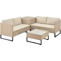 Juskys Polyrattan Lounge Santorini - Sitzecke mit Beistelltisch & Auflagenbox - Creme