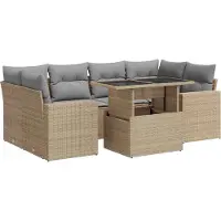 vidaXL 7-tlg. Garten-Sofagarnitur mit Kissen Beige Poly Rattan