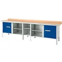 Schäfer Shop Kastenwerkbank PWi 300-1, Buche Multiplexplatte, mit Stahlkante, bis 750 kg, B 3000 x T 700 x H 840 mm, Enzianblau